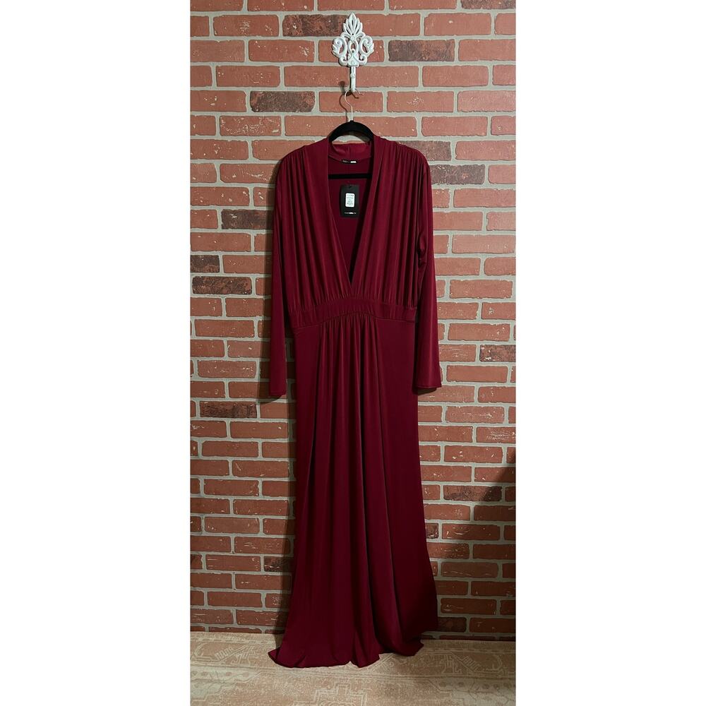 Fashion Nova Elegant Burgundy Long Sleeve Faux Wrap V-Neck Dress NWT